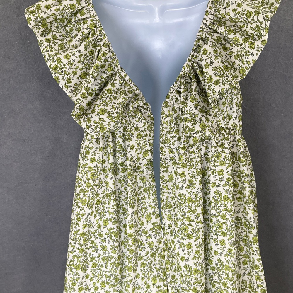 Green Dainty Floral Ruffle V Neck Mini Dress Black Tie Babydoll Cottagecore Boho - Picture 5 of 8